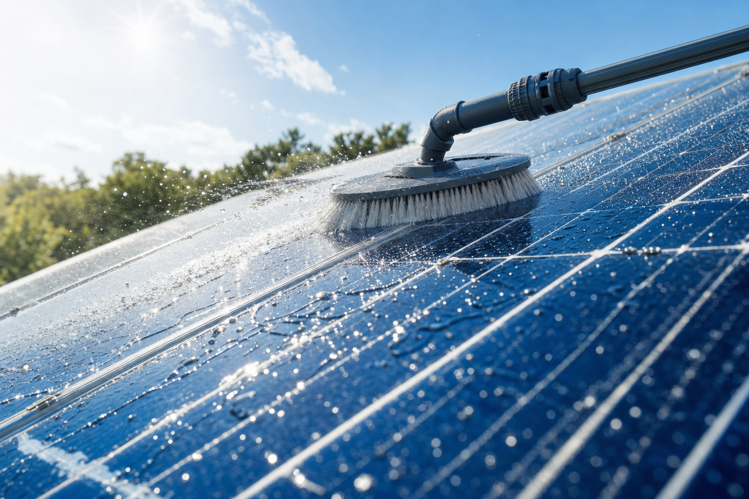 Professional solar panel cleaning with purified water brush